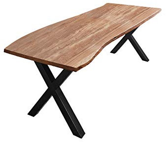 SAM Esszimmertisch 200x100 cm Xanten, Baumkantentisch naturfarben, Akazienholz massiv, X-Gestell aus Metall schwarz