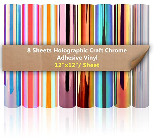 Holografisch Vinylfolie Plotter Selbstklebend, 8 Blatt 30,5cm x 30,5cm Plotterfolie Selbstklebend mit Permanentem Chrom Glänzend Klebefolien, Vinylfolie für stutzen, Dekoration, Scrapbooking