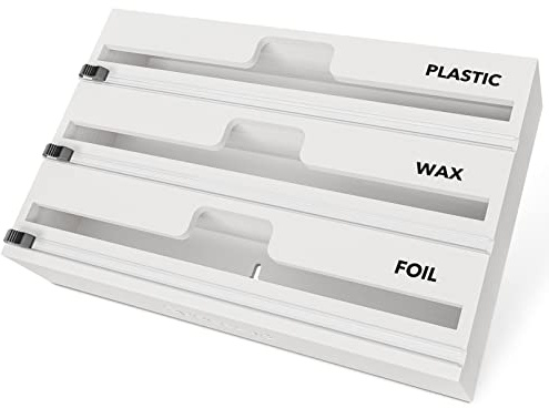 SpaceAid WrapNeat 3-in-1 Wickel-Organizer mit Schneider und Etiketten, Kunststofffolie, Aluminiumfolie und Wachs-Bambusspender für Küche, Aufbewahrung, Organisationshalter für 30,5 cm Rolle (weiß)