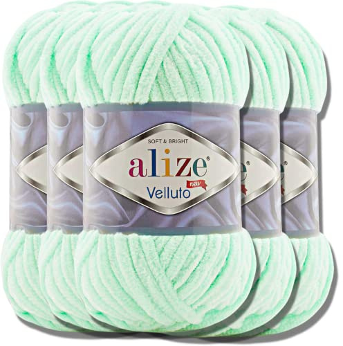 Hobby YARN Alize Velluto 5x 100g Türkische Strickwolle super Bulky Wolle zum Häkeln Uni Farbe Babywolle Flauschgarn Filzwolle Kuschelwolle (Mint | 464)