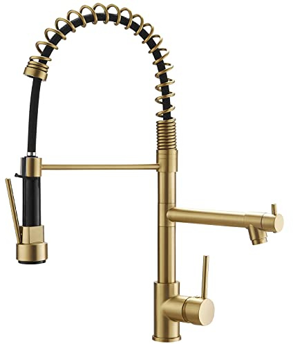Brushed Gold Kitchen Faucet with Pull Down Sprayer, AIMADI Commercial Gold Kitchen Sink Faucet Single Handle Spring Two Nozzles Faucets