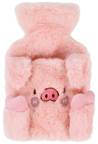 MilyaDE 350ml Wärmflasche mit Bezug Plüsch Bettflasche Wärmebeutel Fleeceüberzug Flauschig Waschbar, Rosa Schweinchen