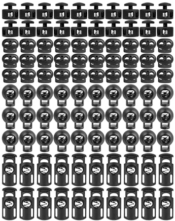 Kordel Stopper Set, 1- und 2-Loch, 100 Stück, Schwarz, für bis Ø 5 mm Kordeln, Bandklemme Bekleidung, Rucksack, Gummikordel Stopper, Schnellverschluss Schnürsenkel, Schnur Rutsche, Tanka Kordelstopper