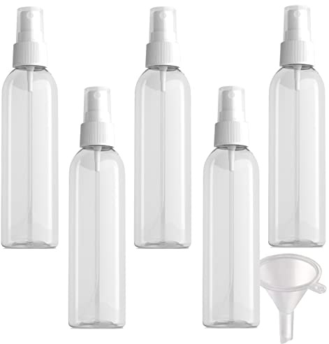 PQPAUTY 5 Piezas Pequeño 150ml Botella de Spray Plástico PET Vacías Transparentes con Bomba en Spray Blanco de Niebla Atomizador para Perfume Viaje Artículos de Agua Cosmético, 1 Pieza Embudo