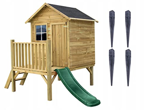 4IQ Spielhaus Kinder Outdoor Holz 178x124x212 cm - Gartenhaus Kinder Holz - Spielhaus Garten - Stelzenhaus mit Rutsche - Kinderhaus Spielhaus - Spielhäuser für Draußen - Kinderspielhaus Outdoor