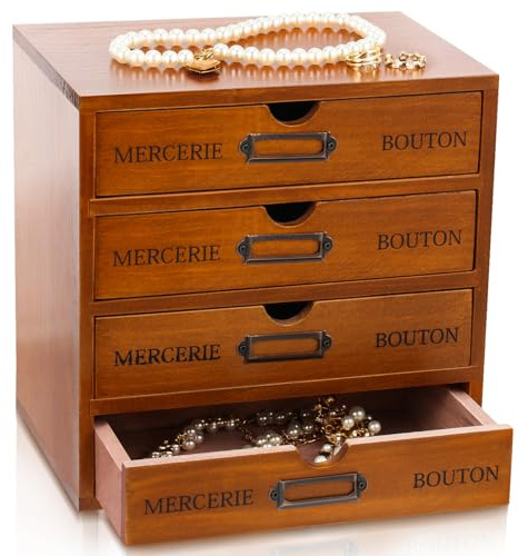 Wesiti 4 Drawer Vintage Wooden Desk Organizer, Apothecary Cabinet Storage Drawers, Rustic Shelf Drawer, Home Office Organizers and Accessories, Embroidery Floss, Craft, Art, Jewelry Storage, Stackable