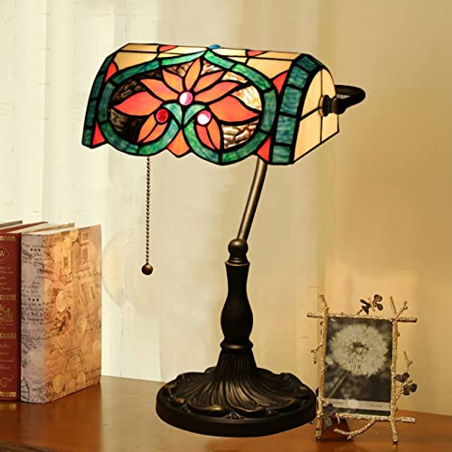 errzom Banker Lamp Tiffany Desk Lamp Victorian Red Green Blue Rose Stained Glass Table Lamp 15 Tall Memory Adjustable Library Piano Reading Lamp Rustic Bedside Night Light for Living Room,E