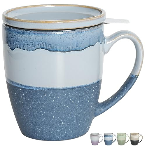 Bosmarlin Ceramic Tea Cup with Infuser and Lid, 16 Oz, 4 Colors to Choose, Dishwasher and Microwave Safe, Steeping Tea Mug with Strainer, Reactive Glaze, (Blue)