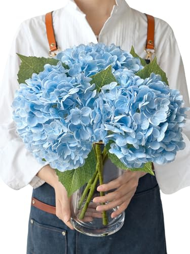 JINWOE Künstliche Hortensien, hellblau, fühlen Sich echt an, 3 Stück, 53,3 cm, große, königliche Latex-Seidenblumen, Lange Stiele, künstlicher Blumenstrauß für Tafelaufsätze, Tisch, Zuhause, Party