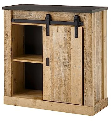 Aktenschrank in Holz Used Wood hell und schwarz/anthrazit Büro Kommode Ordnerschrank Büroschrank Schiebetürenschrank Industrial Design 93 x 91 cm Stove