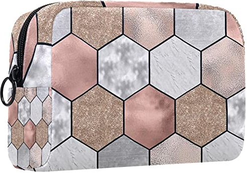 Kleine Schminktasche für Damen,Schminktasche, Reisekosmetiktasche,Sechsecke aus roségoldenem Marmor Drucken