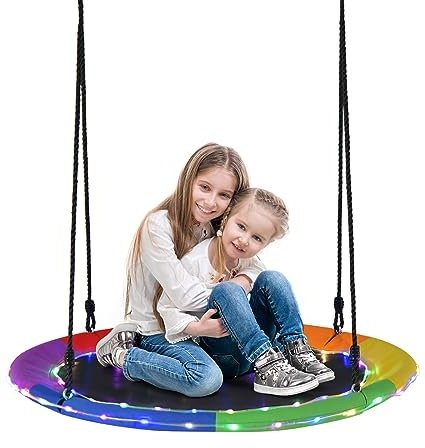 DREAMADE φ100cm Nestschaukel Outdoor, bis zu 300kg belastbar, Tellerschaukel Hängeschaukel 100-180cm höhenverstellbar, Kinderschaukel mit LED-Lichtern, Schaukel Outdoor für Kinder (Bunt)