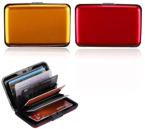 2 Pcs Porta carte di credito RFID anti-frode, elegante portafoglio per uomo e donna, 6 scomparti in alluminio per contenere fino a 12 carte, colore nero con dettagli rosso e oro.