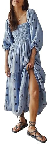 Acrawnni Women's Flower Embroidered Maxi Dress Long Puff Sleeve Square Neck Smocked Tiered Bohemian Flowy Dress Beach Long Dress (B-Sky Blue, M)