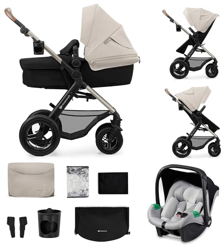 Kinderkraft MOOV2 AIR Kinderwagen 3 in 1 Kinderwagenset bis 26 kg mit Kindersitz I-SIZE 40-75 cm, Buggy Funktion, Liegeposition verstellbar, Große ausziehbare Verdeck, Aufblasbare Räder, Grau