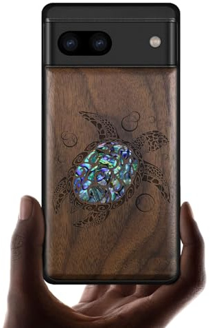 Carveit Handcrafted Case for Pixel 8a (Sea Turtle-Walnut) | Google Pixel 8a Cover, Wood Engraved & Shell Inlaid, TPU Shockproof Bumper, Wireless Charging Compatible