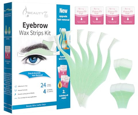 Beauty7 Men's Eyebrow Waxing Strips, Eyebrow Waxing Strips Shaper Pre-cut, 24 Eyebrow Strips with 4 Cleaner Oil Wipes, Cold Wax Strips Facial Hair Removal