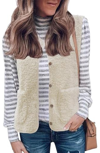 Joligiao Chaleco Corto de Forro Polar Teddy para Mujer Sin Mangas Chaleco de Invierno Chaleco Mujer Lana Polar Termico Chaqueta de Peluche Cálido de Felpa con Bolsillos con Botón(Beis,M)