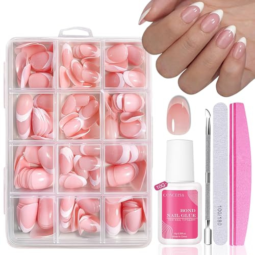 Nagel Tips Set - 240 Stück Französisch Falsche Nägel Zum Aufkleben - Oval French Künstliche Nägel Tips Full Cover Fake Nails Nail Art Manicure für Damen und Frauen (Oval French Kurz)