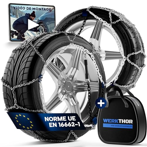 WERKTHOR 2x Chaine Neige - chaine a neige Homologuées pour Voitures - Adhérence Optimale & Montage Facile - chaines neige en Métal - Pour Différentes Tailles de Pneus