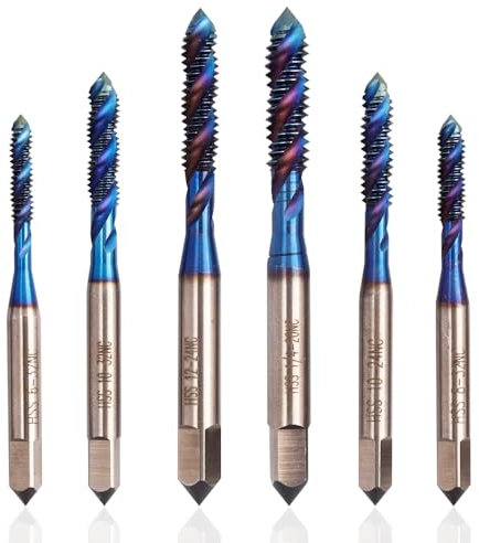 Mesee 6 Pièces Tarauds à Vis Cannelés Spirale en HSS, Tarauds à Goujure Hélicoïdale Outil de Taraudage de Filetage Américain en Acier Rapide Bleu Enduit Foret Taraudage pour Machine