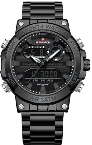NAVIFORCE Relojes analógicos de cuarzo digital para hombre, de lujo, de acero inoxidable completo, resistentes al agua, relojes de moda de negocios, cronógrafo militar, multifuncionales, pulsera
