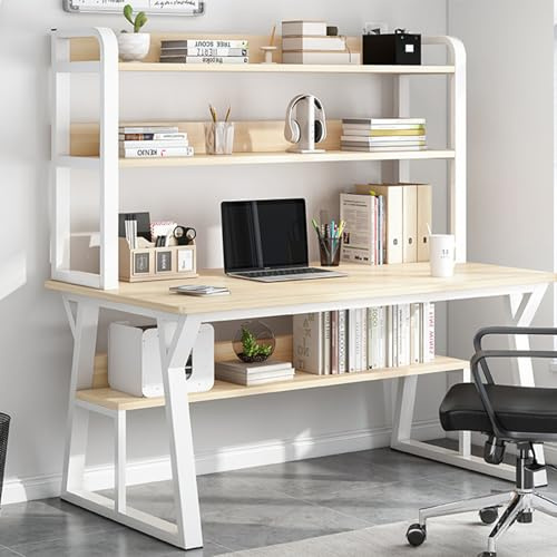 Scrivania moderna per computer con libreria, design salvaspazio con ripiani aperti, tavolo da studio e scrittura, tavolo in legno con struttura in metallo, postazione di lavoro per casa e ufficio (80