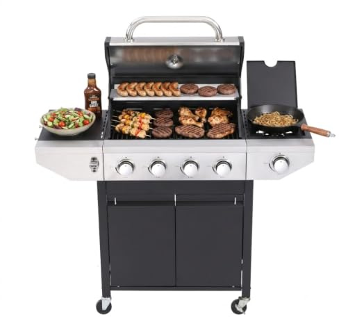 BBQ Kingdom 4+1 Burner Gas BBQ Grill - Premium Stainless Steel Grill | Outdoor Patio Barbecue with Side Burner, Warming Rack, Side Shelves, Thermometer, Enclosed Cabinet, Hose, Regulator and Cover