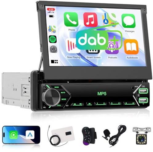 Hodozzy DAB Single Din Car Radio with 7 Inch Retractable Screen, Single Din Flip Out Touchscreen Car Stereo with Wireless CarPlay Android Auto, Bluetooth, EQ, FM Radio, SWC, USB, Type-C, Camera