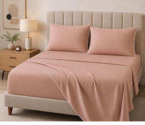 Completo Lenzuola Matrimoniali 100% Cotone Made in Italy – Set Letto Elegante con Profilo Decorativo, Stile Moderno e Fantasia Tinta Unita Disponibile in Diverse Raffinate Colorazioni (Cipria)