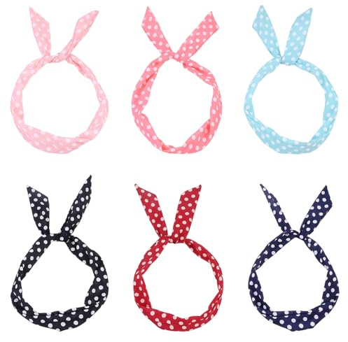 TRKETK 6 Stück Gepunktete Stirnbänder Stirnbänder mit Einstellbar Draht Retro Bandana Stirnband für Mädchen Vintage Haarband in Klassischer Häschenohr Für Mädchen und Frauen