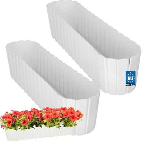 KOTARBAU® 2 st Balkonglåda - Blomlåda Balkong - Plast - 60 x 14 x 13cm - Vit - Planteringslåda - Stor Överkruka - Rustik Design - Balkonglåda