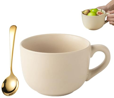 800ml Taza Grande de Cerámica para Café, Taza de Cerámica con Asa, Tazón para Cereales, Tazón para Cereales con Cuchara, Tazas Grande de Cerámicas para Té para Postres de Leche, Amarillo Pálido