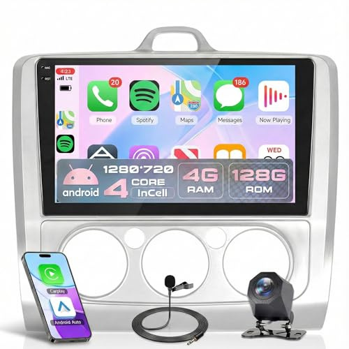 Rimoody 4G+128G Car Stereo for Ford Focus Mk2/Mk3 2004-2011 Wireless CarPlay Android Auto, Android Car Radio 9'' In-Cell Touch Screen/GPS/Bluetooth/FM RDS/EQ/Wi-Fi/Mirror Link/Rear Camera