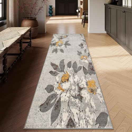 Siunwdiy Teppich Läufer 60 x 140 cm Grau Gelb Blumenmuster rutschfest Flurteppich Küche Korridor Waschbar Schlafzimmerteppich