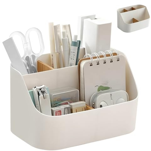 Schreibtisch Organizer mit 5 Fächern - Weiß Schreibtischorganizer mit Abnehmbarer Bambus Trennwänden Desk Organizer, Büro Stiftehalter für Kosmetika Schreibwaren Alltagsgegenstände 18,5*11,5*10.3cm