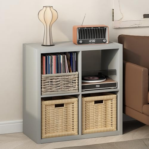Furinno Cubicle Plattenspieler Regal mit Vinyl Aufbewahrung, 4-Würfel 1.2 Extra Dicke Vinyl Aufbewahrung, Offen Rückseitiges Medienregal für CD DVD Blueray Spiel Discs, für Wohnzimmer, Hellgrau