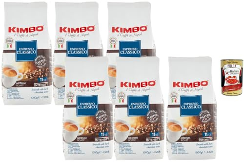 Italian Gourmet Bundle – Kimbo Espresso Classico Café Grains 6 x 1 kg, Café Italien Torréfié à Naples, Intensité Forte 11/13, Crème Onctueuse, Arômes Chocolat + Italian Gourmet Polpa