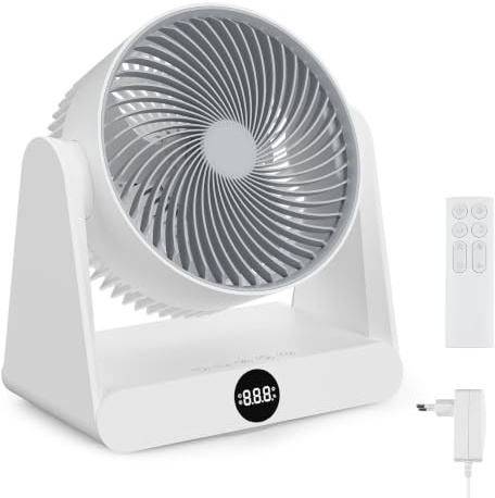 Ambesty Ventilatore da Tavolo 28dB, Ventilatore Silenzioso con Telecomando per Circolazione Aria, Portata 10m, Oscillazione 90°, 5 Velocità Regolabili, Timer 12H, Per 30 m²Camera e Ufficio, Bianco