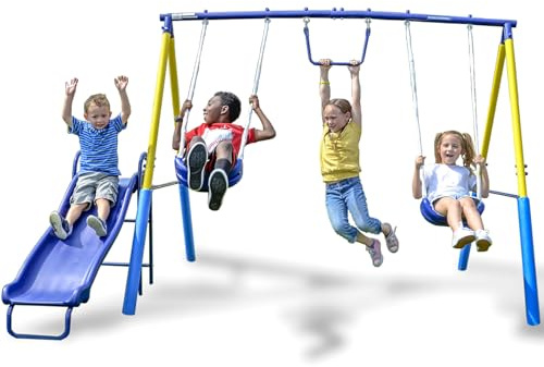 Sportspower My First Metal Swing Set with Slide, 4 Kids Max, Blue, Yellow