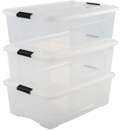 Iris Ohyama Aufbewahrungsboxen mit Deckel, 30L, 3er-Set, Transparent, Sicherer Verschluss, Stapelbar, Griffe, Schlafzimmer, Schrank, Büro, Organisation, BPA-freies Plastik, Ordnungsboxen, NTB-30