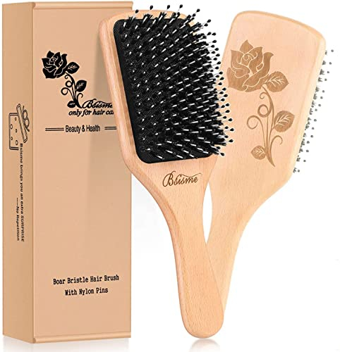Bsisme Boar Bristle Hair Brush Women Mens with Soft Nylon, Detangle Curly Thick Hair Wooden Paddle Hairbrush and Comb, Enhance Shine Reduce Frizz Promotes Healthy Hair Growth, Exquisite Rose Carving