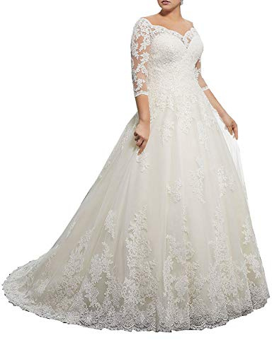 VKStar® Robe de Mariée Grande Taille Longue Dentelle et Tulle Robe de Mariage Hors Epaule Manches Longues Blanc 50