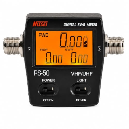 NISSEI RS-50 Medidor Digital de Roe y Vatímetro Portátil VHF/UHF (125-525 MHz) - hasta 120W, Pantalla LCD Retroiluminada con Lectura Simultánea, Conectores N Hembra