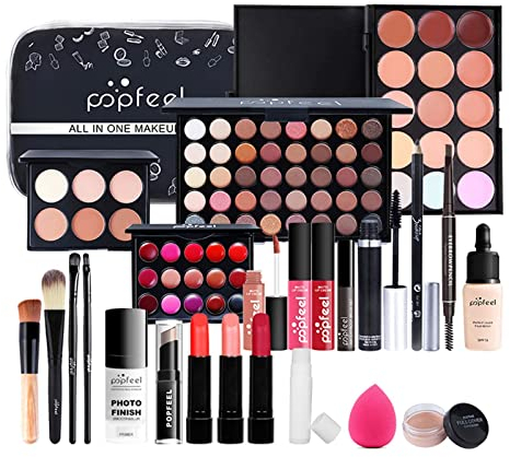 All in One Make Up Set, Make-up Sets, Schminkset für Frauen, Kosmetik Geschenkset mit Lidschatten Palette, Mascara, Foundation & Face Primer, Eyeliner Stempel, Lip Gloss mit Makeup Schwamm Pinsel