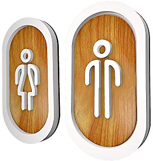 DOJA Barcelona | Toilette Gäste WC Schild Aufkleber | Damen + Herren | Weiß - Holz | 180x100mm Ø | Selbstklebend WC-Tuerschild Mann-Frau Toilettenschild