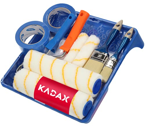 Set da pittore KADAX 13 pezzi: 2x manici per rulli, 4x rulli per pittura, 1x griglia antigoccia, 1x inserto per griglia antigoccia, 1x pellicola per pittori, 2x nastri, 2x pennelli (13 pezzi)