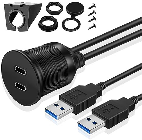 TNP USB C 3.0 Flush Mount Cable, Dual USB Extension Cable 6ft 2M for Car Dashboard with Dash Panel Mount, 2 Port Type A Male to C Female Socket Connector Adapter Cord for Boat Motorcycle Vehicle