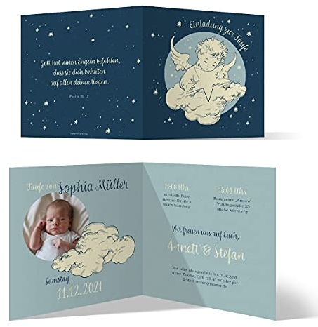 100 x Einladungskarten zur Taufe Taufkarten - Text und Foto einfach individuell selbst gestalten Quadrat Klappkarte für Mädchen oder Jungen - Vintage Engel