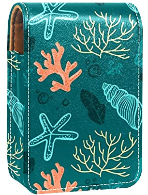 Lippenstift-Etui mit Spiegel, Korallen-Muschel-Muster, Lipgloss-Halter, tragbare Lippenstift-Aufbewahrungsbox, Reise-Make-up-Tasche, Mini-Leder-Kosmetiktasche für 3 Lippenstifte, Mehrfarbig, 9.5x2x7